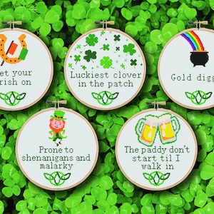 Set of 5 St. Patrick's Day Cross Stitch Patterns Funny, Cute, Puns, Clever image 1