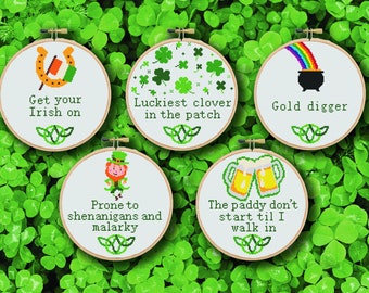 Set of 5 St. Patrick's Day Cross Stitch Patterns - Funny, Cute, Puns, Clever