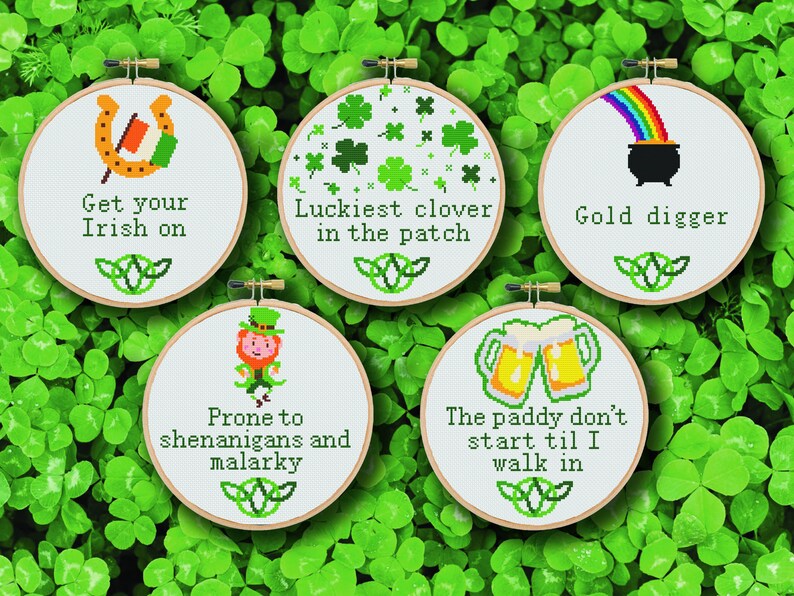 Set of 5 St. Patrick's Day Cross Stitch Patterns Funny, Cute, Puns, Clever image 1