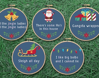 Christmas set of 5 Cross Stitch Pattern - Funny, Song Lyrics, Cute, Puns