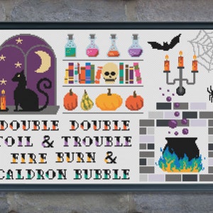 Toil and Trouble Cross Stitch Pattern - Halloween, witch, spells, Shakespeare