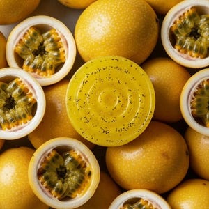 May include: A collection of fresh passion fruits, some halved to reveal the pulpy interior. The fruits are a vibrant yellow with a textured rind. The cut fruits display a contrasting seed-filled center.