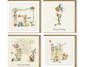 Mulberry Mouse and Friends Birthday Bundle - Assorted Cards - Pack of 4 Cards - Birthday Cards -  Greeting Card Pack - Mouse Cards