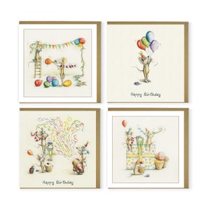 Lot de 4 cartes d'anniversaire Mulberry Mouse and Friends - Assortiment de cartes - Lot de 4 cartes - Cartes d'anniversaire - Lot de cartes de voeux - Cartes souris