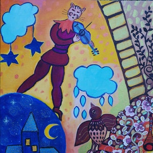 Mélodie pour  inspiration Chagall, réalisé sur carton toilé, 30 x 30, Chat violoniste, oiseau charmé, nuages bleus, village SOLDE