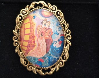 SOLDEE broche de Création , broche fantaisie,"Ton coeur dans le mien Bella", Mon dessin d'inspiration Chagall, pièces Uniques