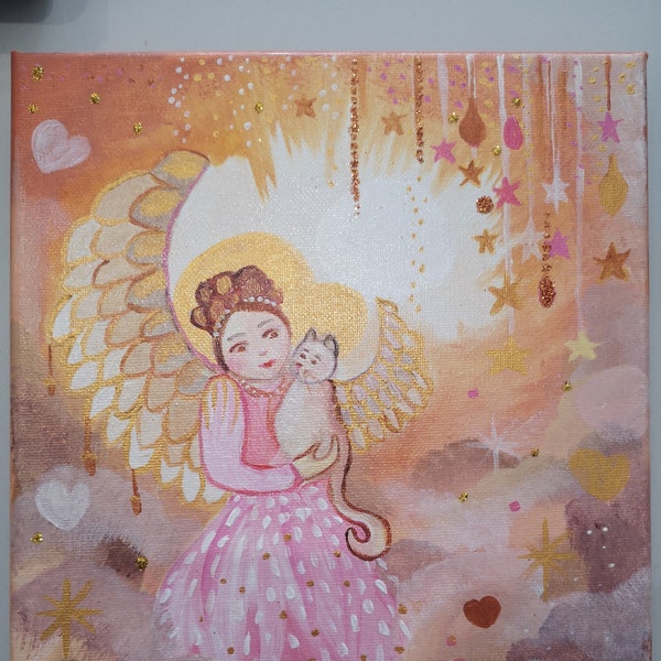 Deux petits anges, toile féérique, enfant, tableau chambre d'enfant, toile pour petite fille , chat ange et petite fille ange
