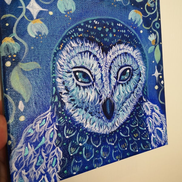 OWL, chouette, toile, acrylique, tableaux, bleu, brillant, toile 20 x 20 cm