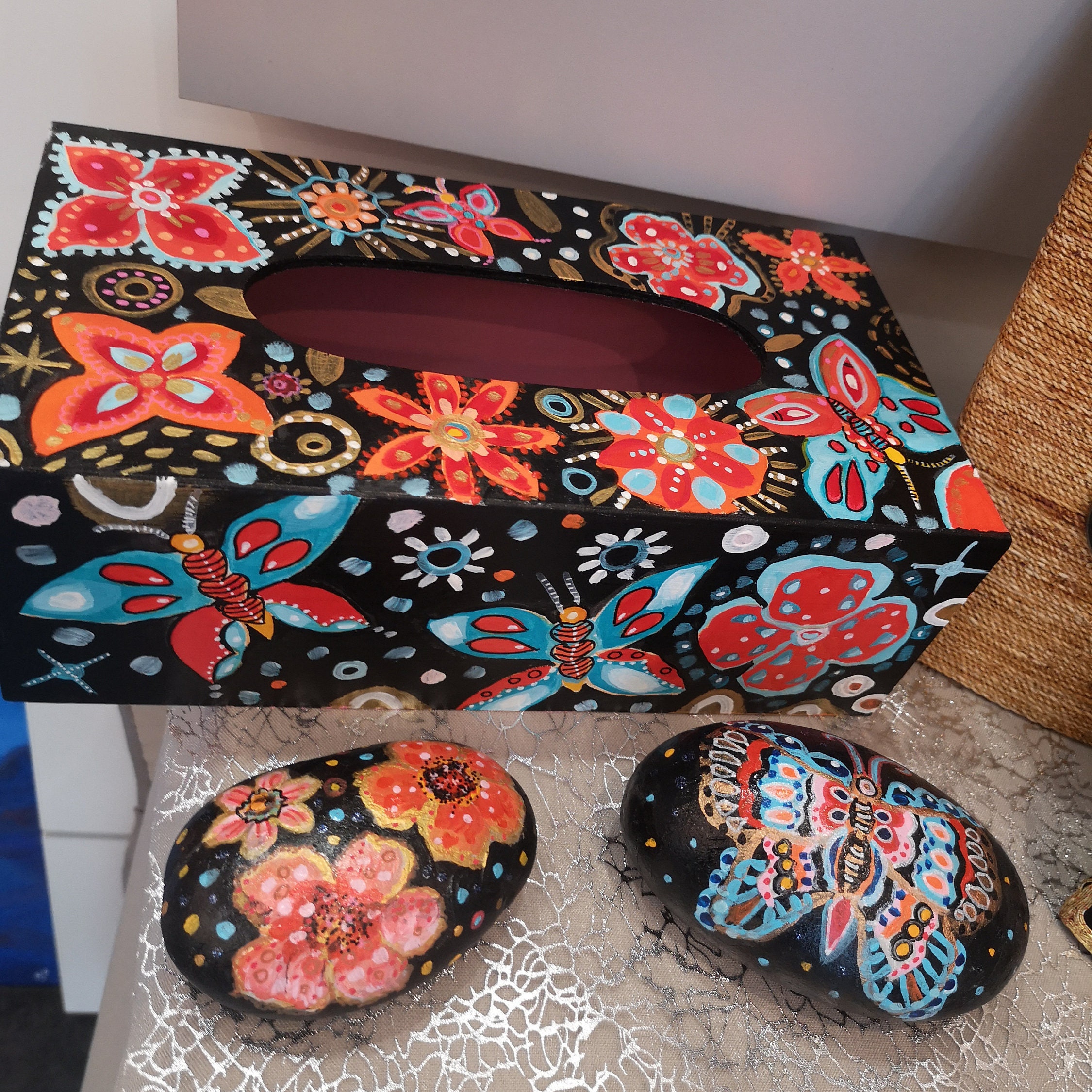 Boite à Mouchoirs et Galets Trio Folkart, Fleurs, Papillons, Noire, Orange, Rouge, Turquoise, Boîte,