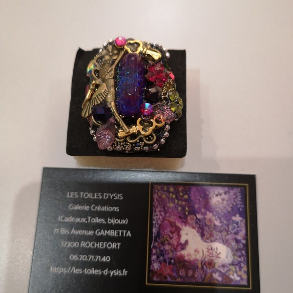 Grosse bague Inspiration Chagall , Inspirée des "Les clefs du destin", Magie des oiseaux, nature, poésie fleurs de cristal, féérique