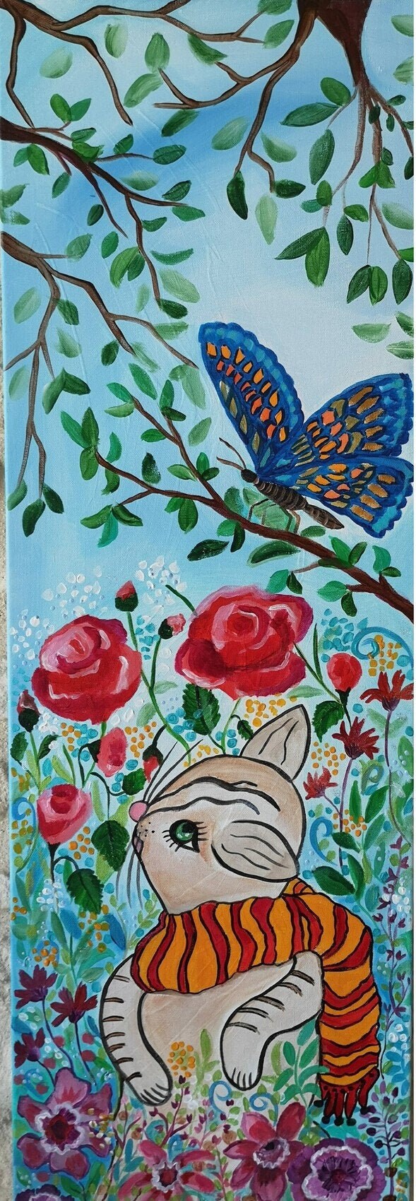 Chaton et Papillon , Grande Toile 30 X 90 cm Chat, Petit Fleurs, Papillon, Jardin Tendresse