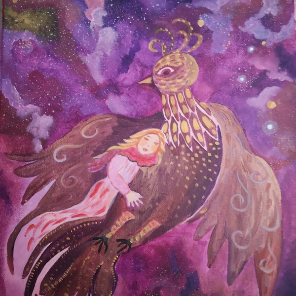 Sous ton aile, muse et oiseau, inspiration Chagall, tableau, toile, acrylique, prête à suspendre, imaginaire, onirique