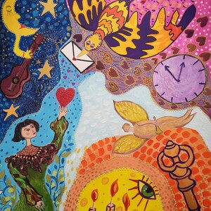 Liebesbrief für Bella, Chagall-Inspiration, Marc und Bella, Liebesbrief, Liebespaar, romantische Kreation, Malerei auf Papier