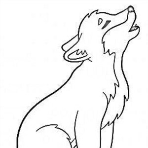 May include: A black and white line drawing of a cartoon wolf pup howling with its mouth open. The wolf pup is sitting on its hind legs with its tail curled behind it.