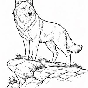 May include: A detailed black and white illustration of a wolf standing on a rock formation. The wolf has a thick coat of fur and is depicted in a realistic style. The rock formation has detailed textures and some grass.