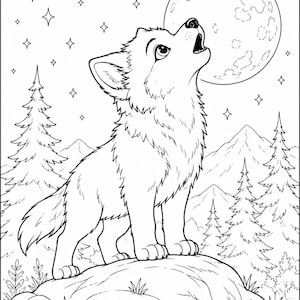 May include: A black and white line art coloring page illustration featuring a young wolf standing on a rocky outcrop, howling at a large full moon. The scene includes a starry night sky, several evergreen pine trees, and distant mountain peaks.