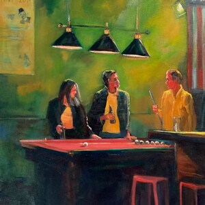 Original Oil Painting &quot;Your Shot&quot;  Friends playing pool  18&quot; W X 24&quot;H -Figurative Brightly Colored Signed by Artist- Jo Ann Bray