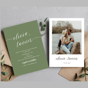 Olive Sage Green minimale cursieve eenvoudige bewerkbare bruiloft uitnodigingskaart voor- en achterkant