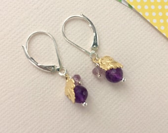Amethyst earrings, sterling silver leverback with gold-filled leaf charm, genuine amethyst dangles, petite earrings, February birthstone