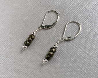 Pyrite earrings, sterling silver leverback petite dangles, faceted stone stack and silver beads, lightweight earrings, natural stones