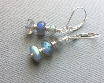 Labradorite earrings, sterling silver leverback dangles, natural gemstone cairn stack, blue flash
