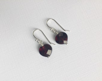 Tiny garnet heart earrings, sterling silver ear wires, deep red natural garnets, January birthstone jewelry, small genuine gemstone dangles