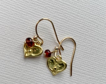 Golden heart and garnet earrings, gold-fill French wires, gold-plate hearts, red stones, tiny dangles, petite jewelry, January birthstone