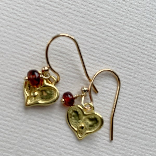 Golden heart and garnet earrings, gold-fill French wires, gold-plate hearts, red stones, tiny dangles, petite jewelry, January birthstone