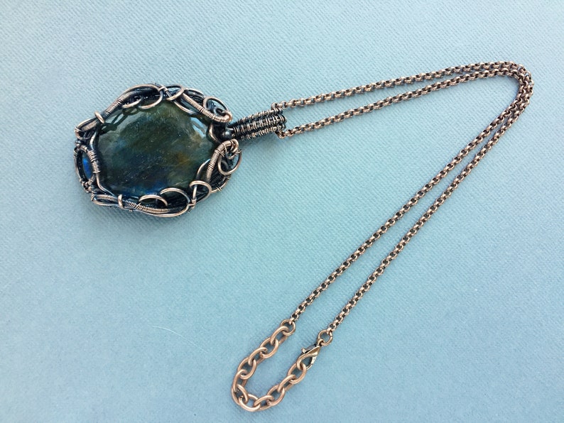 antiqued copper wire wrapped labradorite necklace with adjustable chain wire work statement jewelry blue flash Large labradorite pendant