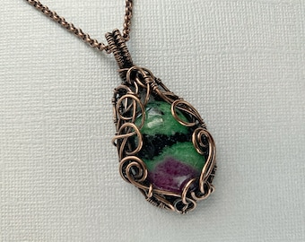 Ruby zoisite heady wire wrapped pendant, antique copper wire work and natural stone with adjustable chain, statement necklace