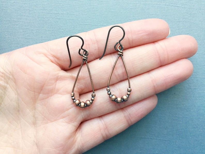simple boho earrings antiqued copper teardrops Copper earrings with hypoallergenic niobium ear wires