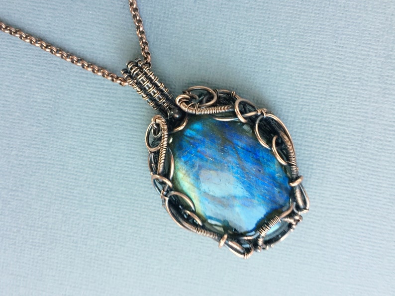 antiqued copper wire wrapped labradorite necklace with adjustable chain wire work statement jewelry blue flash Large labradorite pendant