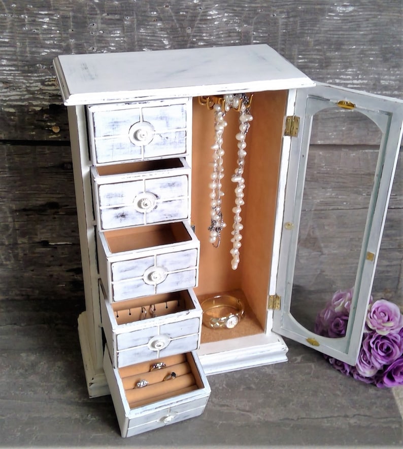 Tall Shabby Jewelry Cabinet Large White Jewelry Armoire Girls Jewelry Box Rustic Chic Jewelry Box With French Door Gift For Mom Women