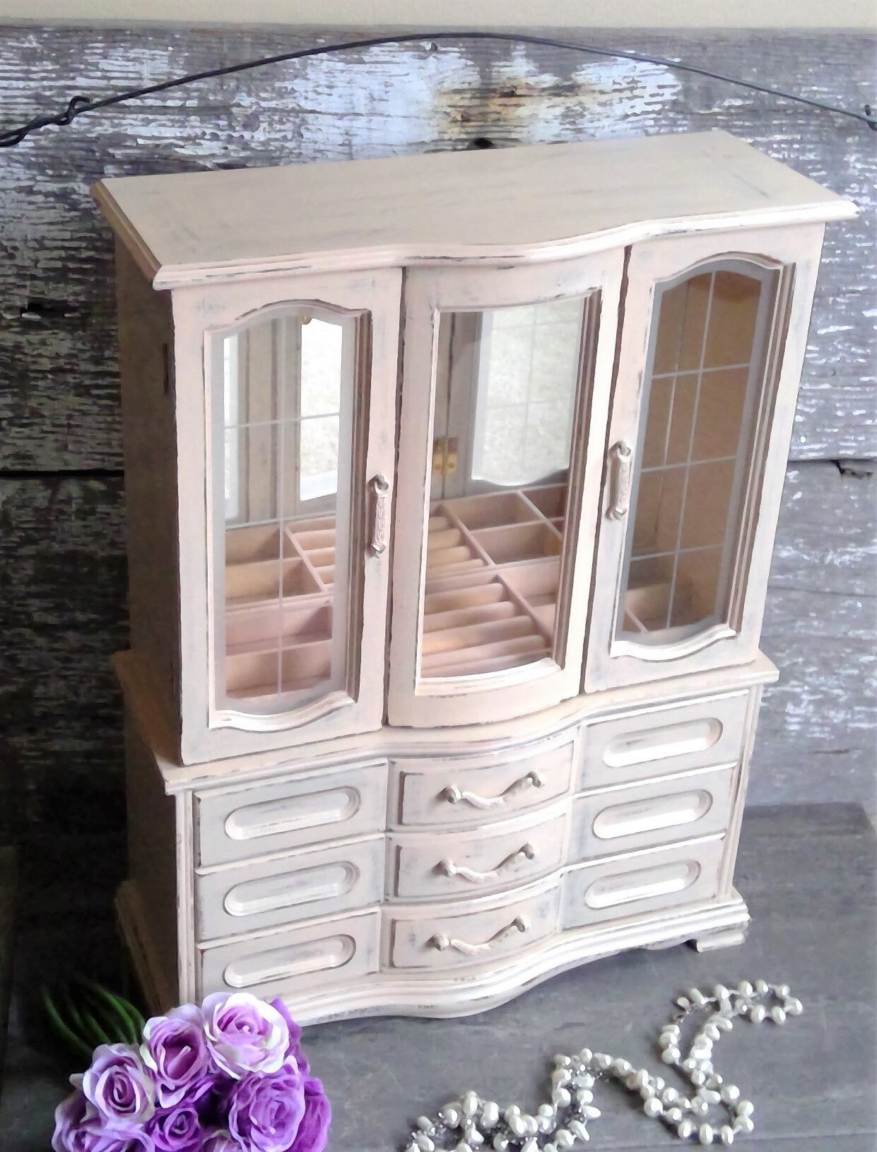 Tall Shabby Jewelry Cabinet Large White Jewelry Armoire Girls Jewelry Box Rustic Chic Jewelry Box With French Door Gift For Mom Women