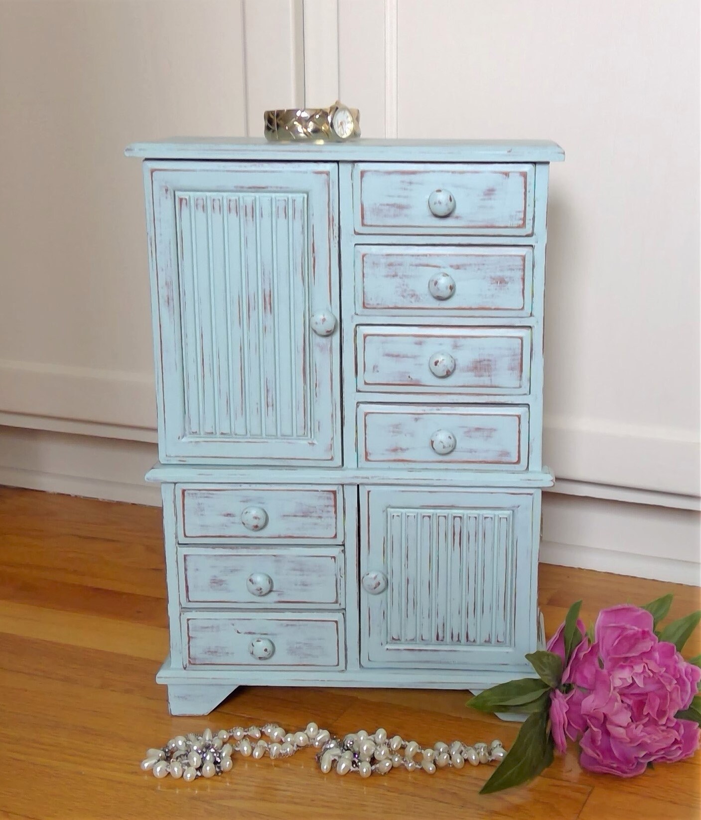 Large Beach Blue Jewelry Armoire with Mirror Tall Shabby Etsy