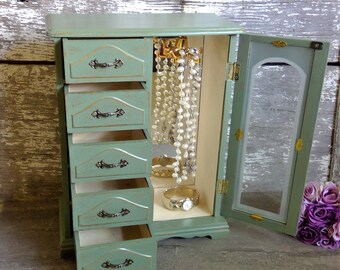 Tall Shabby Jewelry Cabinet Large White Jewelry Armoire Girls Jewelry Box Rustic Chic Jewelry Box With French Door Gift For Mom Women