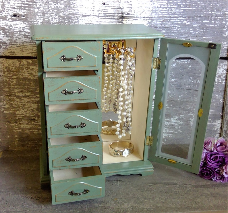 Large Jewelry Armoire Sage Green Rustic Chic Jewelry Box Etsy
