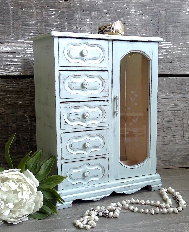 Large Jewelry Armoire Light Blue Rustic Chic Wood Jewelry Etsy