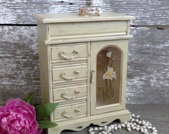 Tall Shabby Jewelry Cabinet Large White Jewelry Armoire Girls Jewelry Box Rustic Chic Jewelry Box With French Door Gift For Mom Women