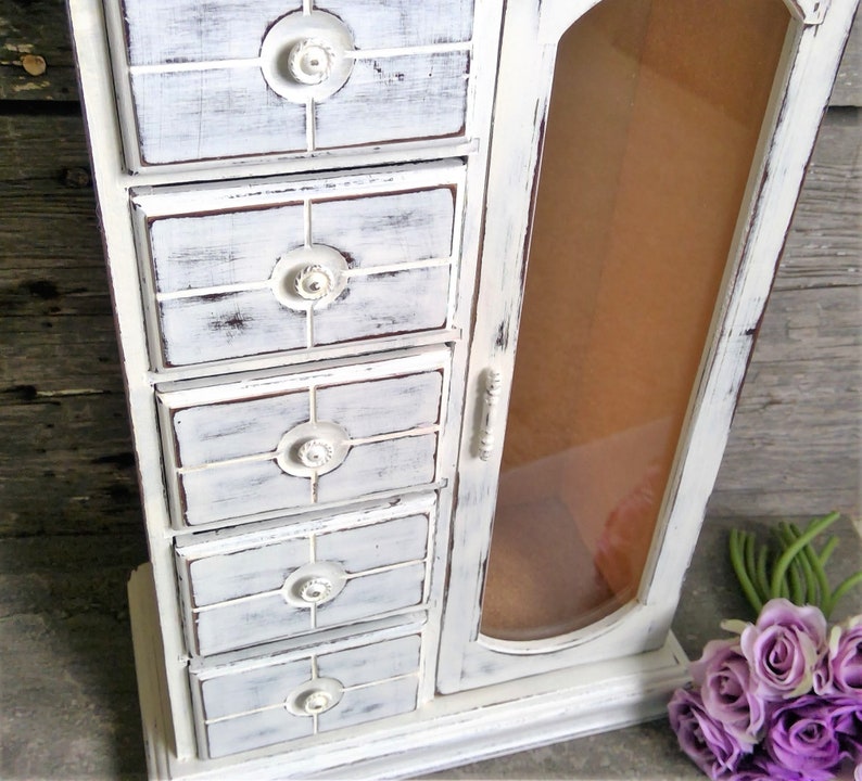 Tall Shabby Jewelry Cabinet Large White Jewelry Armoire Girls Jewelry Box Rustic Chic Jewelry Box With French Door Gift For Mom Women