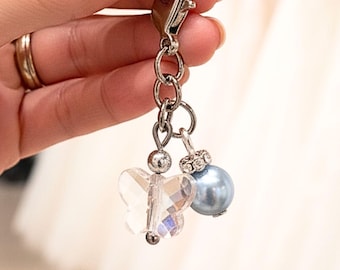 Something Blue Wedding Day Butterfly Blessings Charm – Crystal or Blue Butterfly, Pearl Bridal Bouquet Keepsake, Gift for Shower