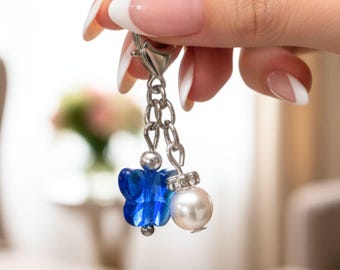 Something Blue Wedding Day Butterfly Blessings Charm – Royal Sapphire Blue Crystal Butterfly, Pearl Bridal Bouquet Keepsake, Gift for Shower
