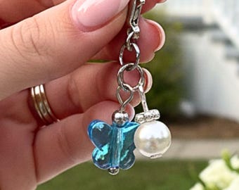Something Blue Wedding Day Butterfly Blessings Charm – Aqua Blue Crystal Butterfly and Pearl Bridal Bouquet Keepsake, Bridal Shower Gift