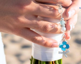 Something Blue Blossom Blessings Charm for Bride – Blue Flower Wedding Bouquet Keepsake with Pearl, Beach Bridal Shower Gift