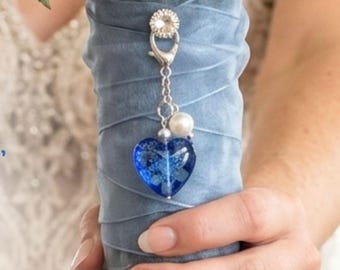 Something Blue Heart Blessings Charm for Bride – Blue Glass Heart Wedding Bouquet Keepsake with Pearl, Bridal Shower Gift with Pin