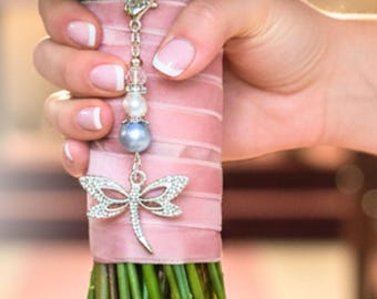 Something Blue Dragonfly Bridal Charm – Dusty Blue Pearl Wedding Bouquet Keepsake for Bride, Sparkling Charm with Heart Clasp and Pin