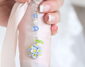 Something Blue Mini Flower Bouquet Charm for Bride – Floral Wedding Bouquet Keepsake with Blue or Clear Accent Beads, Bridal Shower Gift