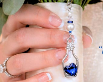 Something Blue Time in a Bottle Bridal Charm – Crystal Wedding Keepsake for Bride, Bouquet Charm with Heart Clasp and Pin, Jewelry Pouch