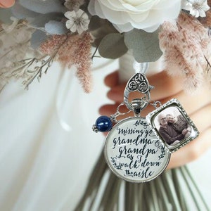 Gutsy Goodness Bouquet Charm Missing Grandma Grandpa Wedding Memorial White Silvertone Blue Frame Bereavement Keepsake Gift For The Bride