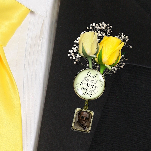 Groom's Boutonniere Pin Dad You Walk Beside Me Every Day Bronze Cream Photo Frame Charm Men's Wedding Memorial Jewelry Brooch